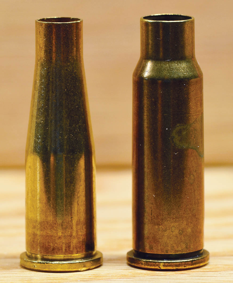 The 22 Remington Jet (left) and 256 Win Mag (right) are both derived from the 357 Magnum case. Both appeared in 1961, saw limited application and disappeared in short order.